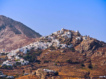 High angle view of townscape against clear blue sky