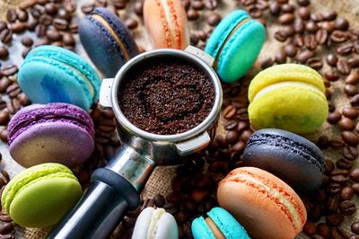 High angle view of multi colored candies on table