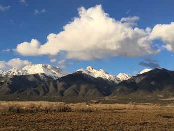 Scenic view of mountains against cloudy sky