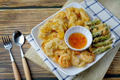 High angle view of breakfast served on table