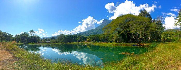 Scenic view of lake and mountains against sky