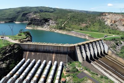 High angle view of dam against sky