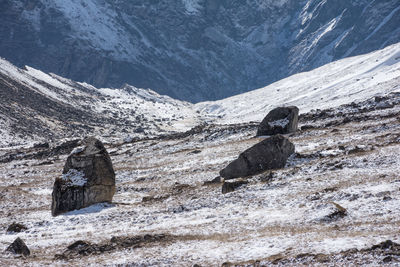 Scenic view of snow covered mountain, anapurna