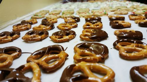 Pretzels arranged on table