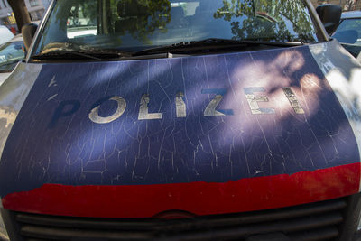 Close-up of text on car