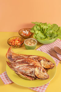 High angle view of food served on table