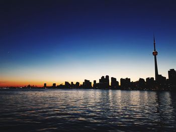 Silhouette buildings in city against clear sky during sunset