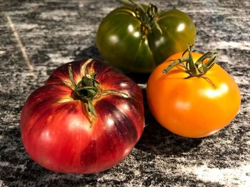 High angle view of tomatoes on table