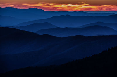 Scenic view of silhouette mountains against sky at sunset