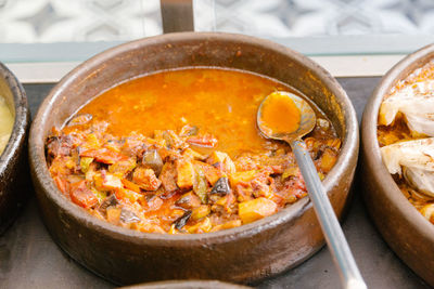 High angle view of fresh meal in claypot