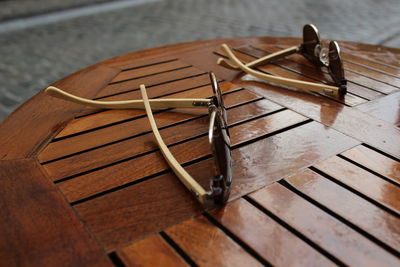 High angle view of piano keys on table