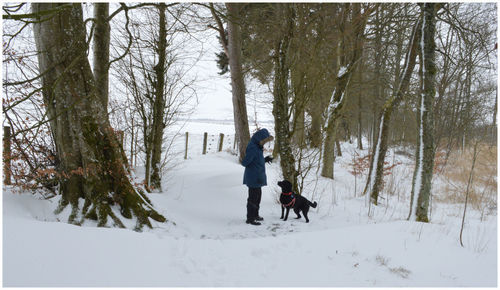 Full length side view of woman with dog on snow