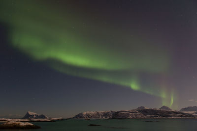 Scenic view of aurora borealis over sea at night