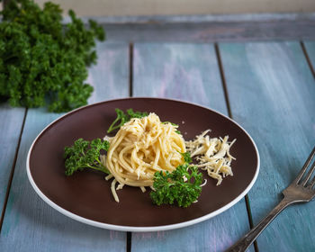 High angle view of meal served on table