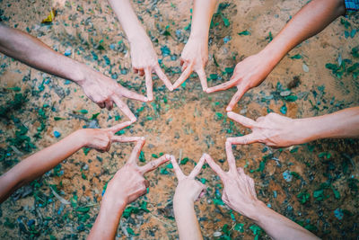 High angle view of hands