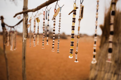 Close-up of jewelries hanging against blurred background