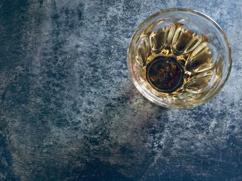 High angle view of drink in glass on table