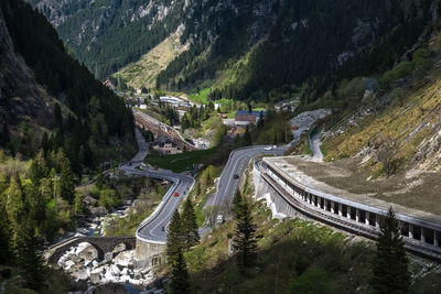 High angle view of road amidst mountains against sky