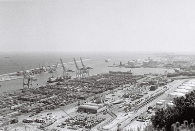 High angle view of cityscape against clear sky