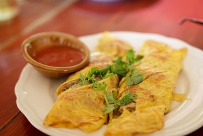 High angle view of breakfast served on table