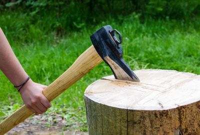 Close-up of human hand holding wood