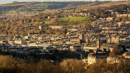 High angle view of buildings in town