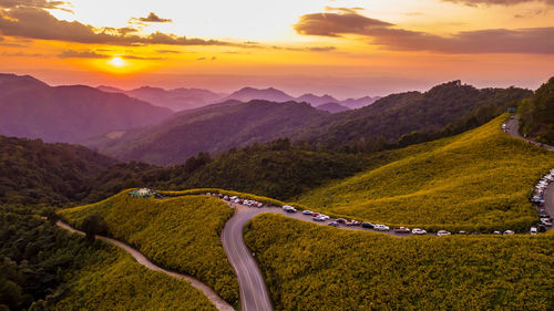 Scenic view of mountains against sky during sunset