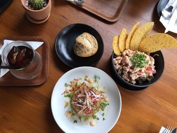 High angle view of meal served on table