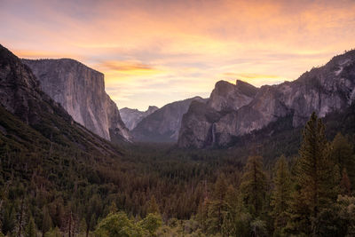 Scenic view of mountains against sky during sunset