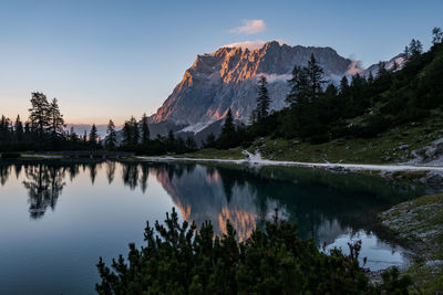 Scenic view of lake by trees against sky