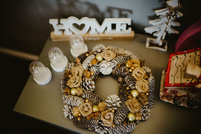 High angle view of decorations on table