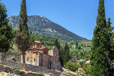 Plants and old building by mountains against clear sky