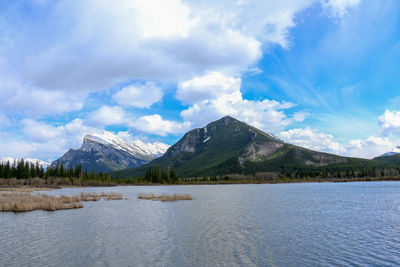 Scenic view of lake and mountains against sky