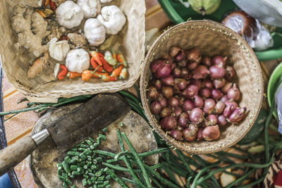 High angle view of fruits in basket