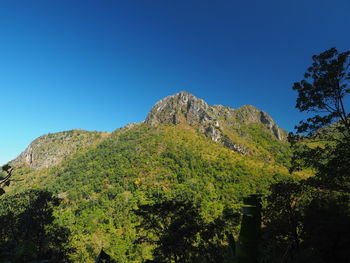 Scenic view of mountains against clear blue sky