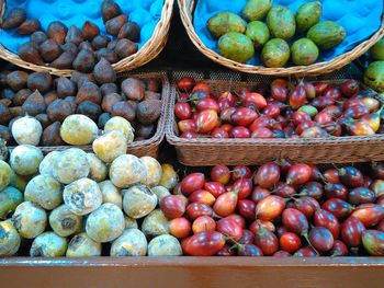 High angle view of various fruits for sale at market stall