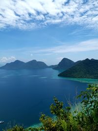 Scenic view of lake and mountains against sky