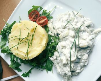 High angle view of breakfast served in plate