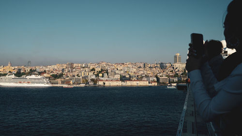 High angle view of city at waterfront