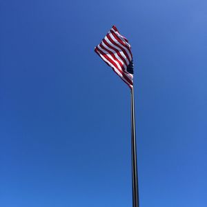 Low angle view of american flag against clear blue sky