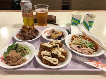 Close-up of food served on table