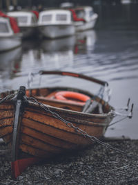 Close-up of boat tied by a rope