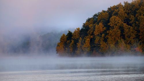 Lake by autumn trees during foggy weather