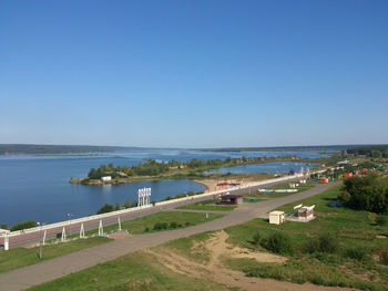 High angle view of sea against clear sky