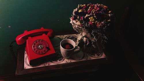 High angle view of coffee cup on table