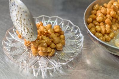 High angle view of pasta in bowl on table