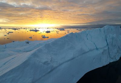 Scenic view of snowcapped mountains against sky during sunset