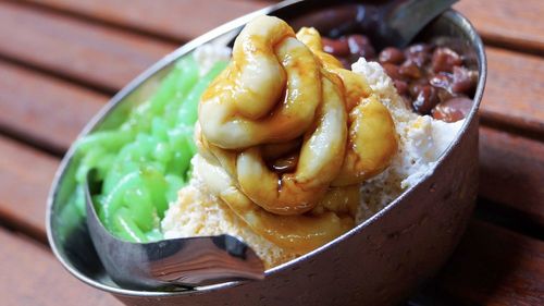 High angle view of dessert in bowl on table