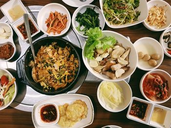 High angle view of food served on table