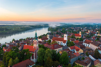 Aerial view about the belgrade serbian orthodox cathedral and st. john's parish church in szentendre